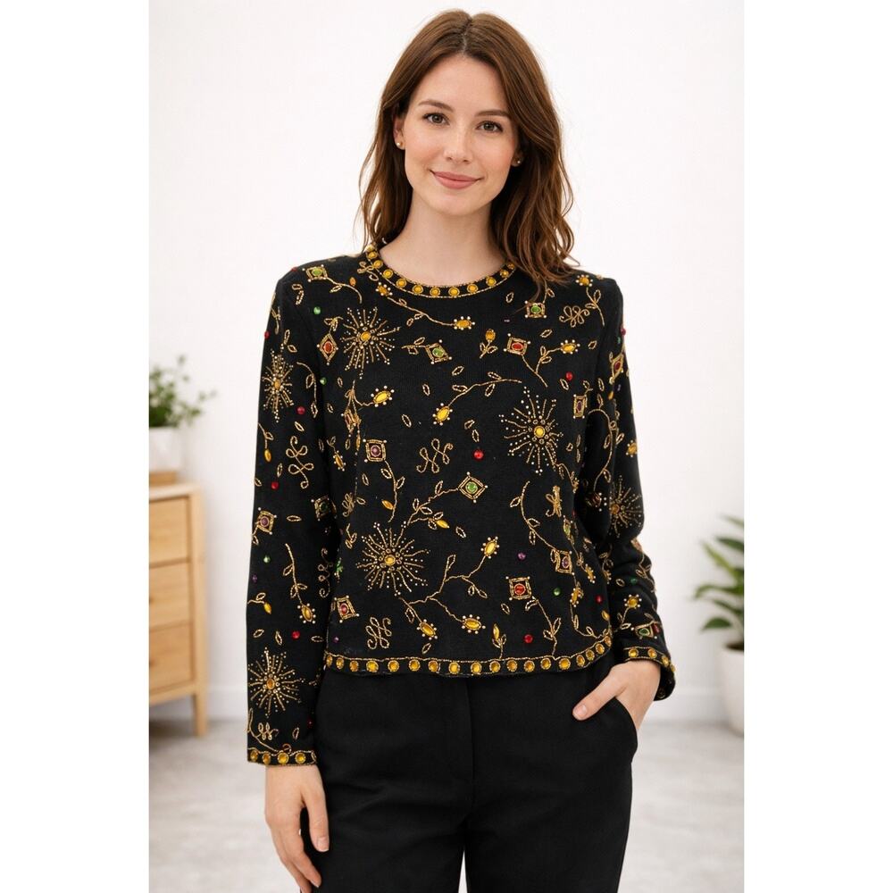 Destinee Womens Vintage Beaded Rhinestone Long Sleeve Wool Blend Sweater sz S